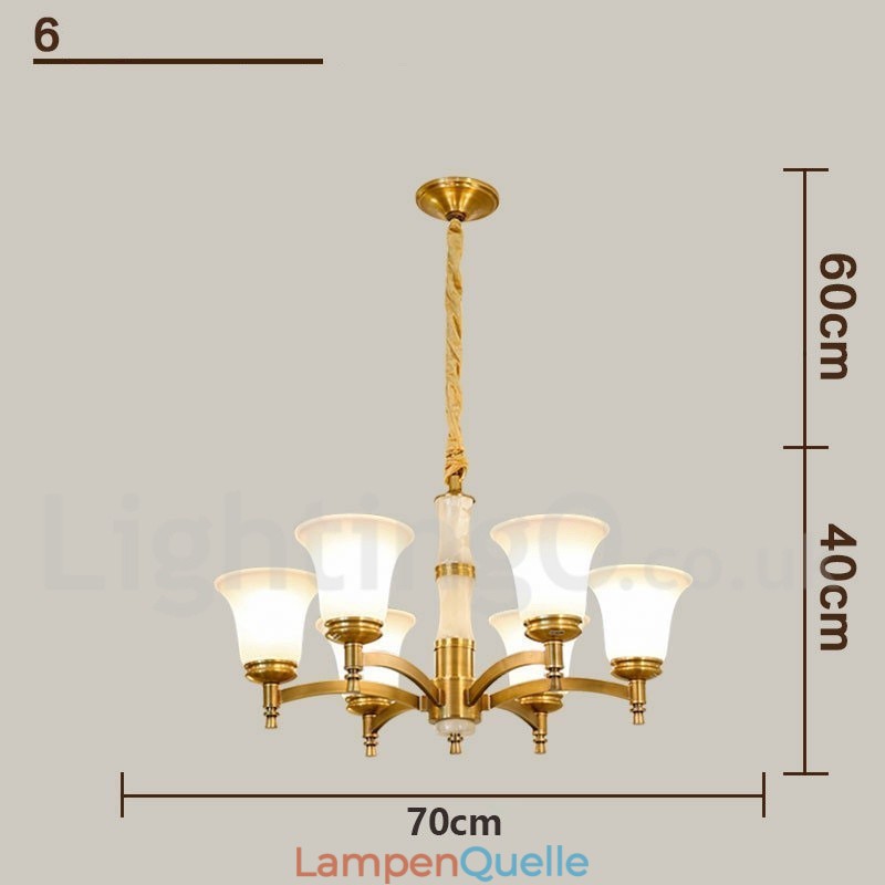 Luxuriöser rustikaler Retro-Kerzenleuchter aus reinem Messing im Vintage-Stil mit Steinanhänger und Glasschirmen