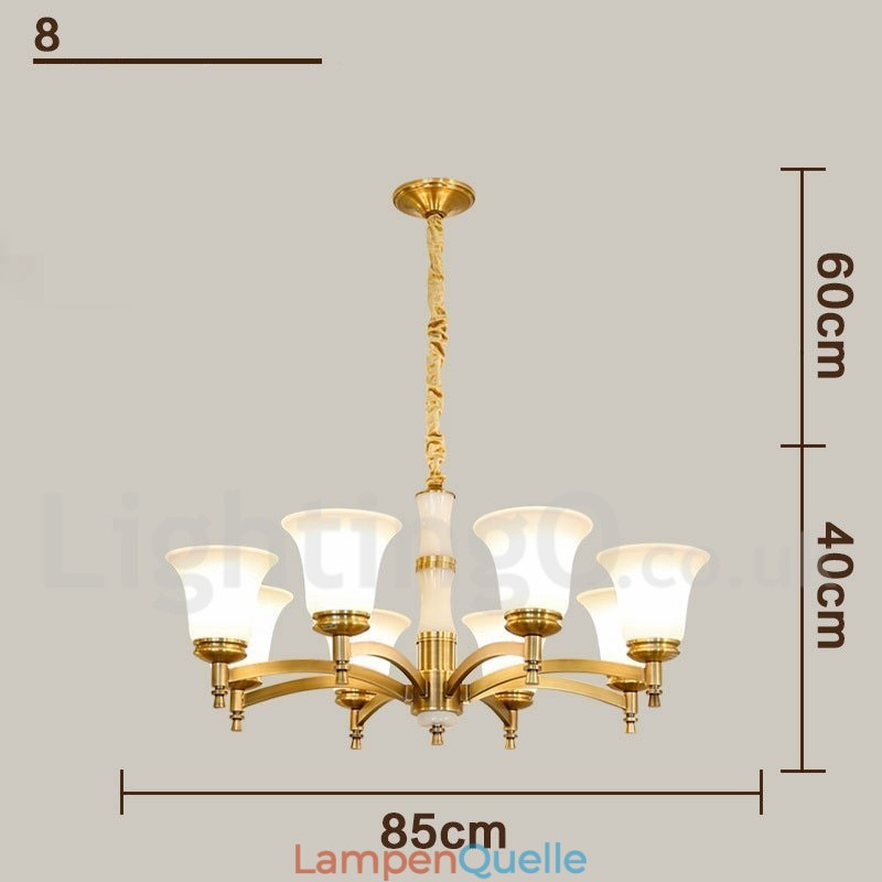 Luxuriöser rustikaler Retro-Kerzenleuchter aus reinem Messing im Vintage-Stil mit Steinanhänger und Glasschirmen