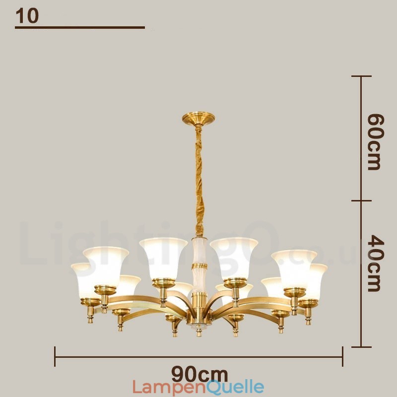 Luxuriöser rustikaler Retro-Kerzenleuchter aus reinem Messing im Vintage-Stil mit Steinanhänger und Glasschirmen