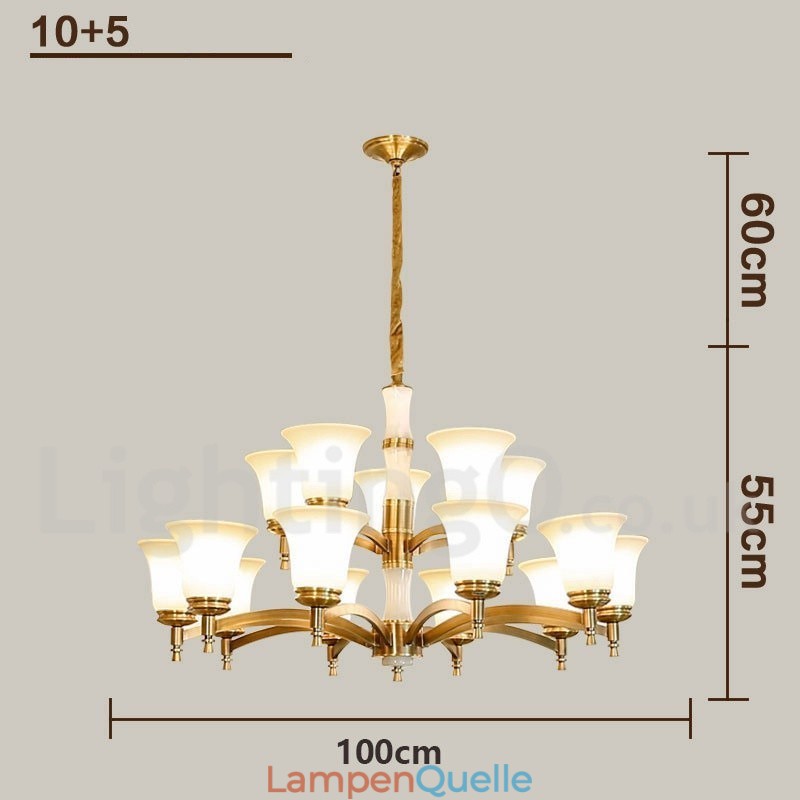 Luxuriöser rustikaler Retro-Kerzenleuchter aus reinem Messing im Vintage-Stil mit Steinanhänger und Glasschirmen