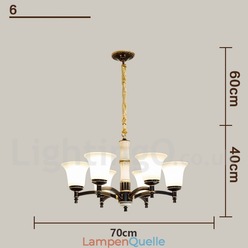 Luxuriöser rustikaler Retro-Kerzenleuchter aus reinem Messing im Vintage-Stil mit Steinanhänger und Glasschirmen
