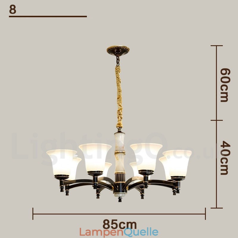 Luxuriöser rustikaler Retro-Kerzenleuchter aus reinem Messing im Vintage-Stil mit Steinanhänger und Glasschirmen