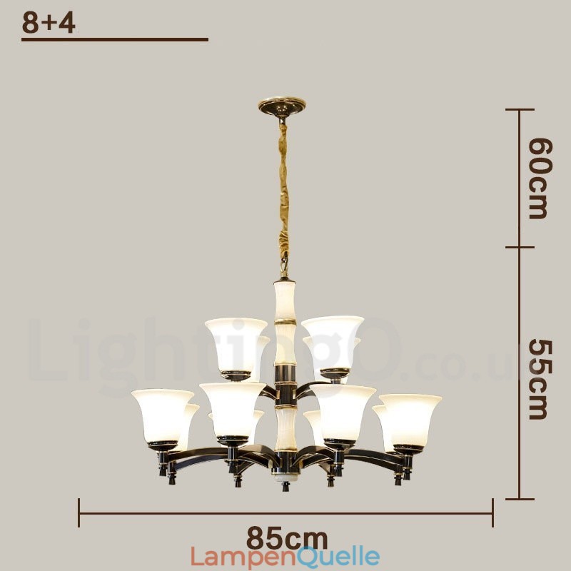Luxuriöser rustikaler Retro-Kerzenleuchter aus reinem Messing im Vintage-Stil mit Steinanhänger und Glasschirmen