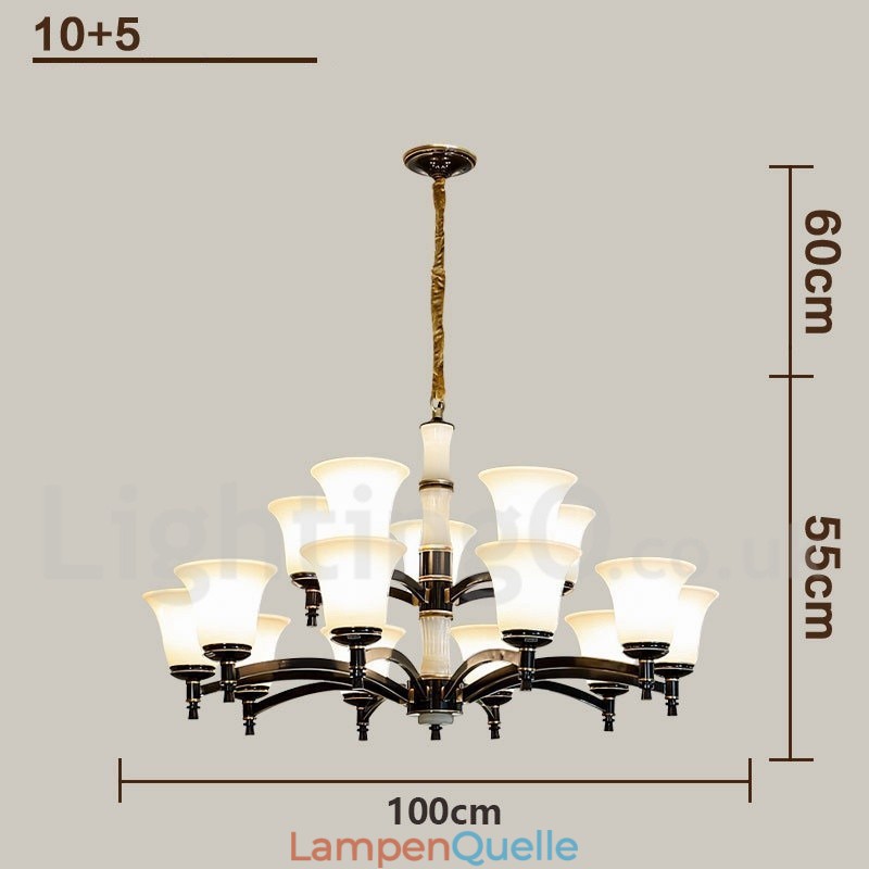 Luxuriöser rustikaler Retro-Kerzenleuchter aus reinem Messing im Vintage-Stil mit Steinanhänger und Glasschirmen