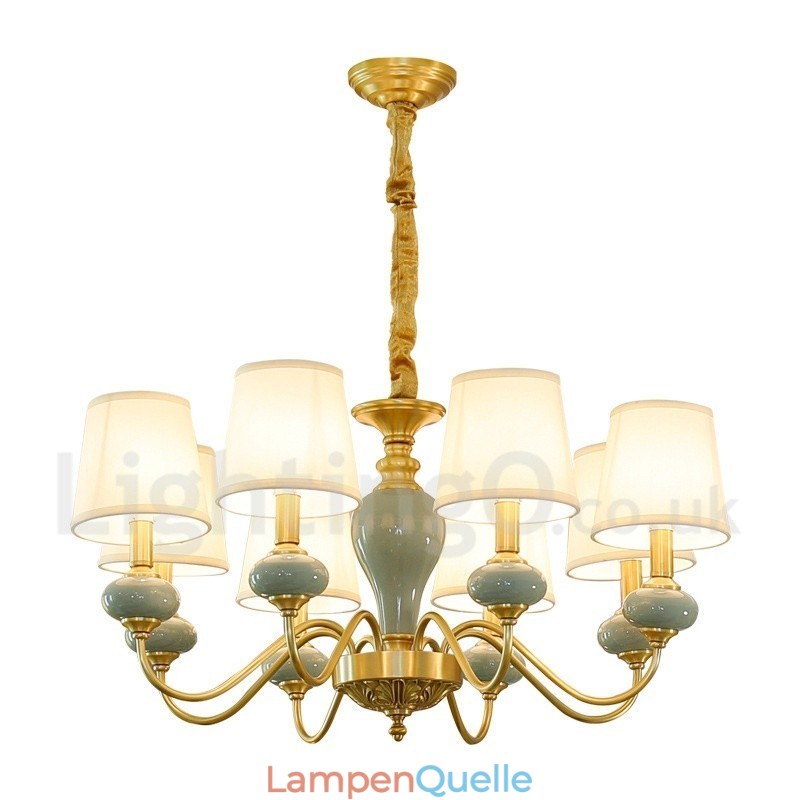 Luxuriöser rustikaler Retro-Vintage-Keramik-Pendelleuchter aus reinem Messing mit Stoffschirmen