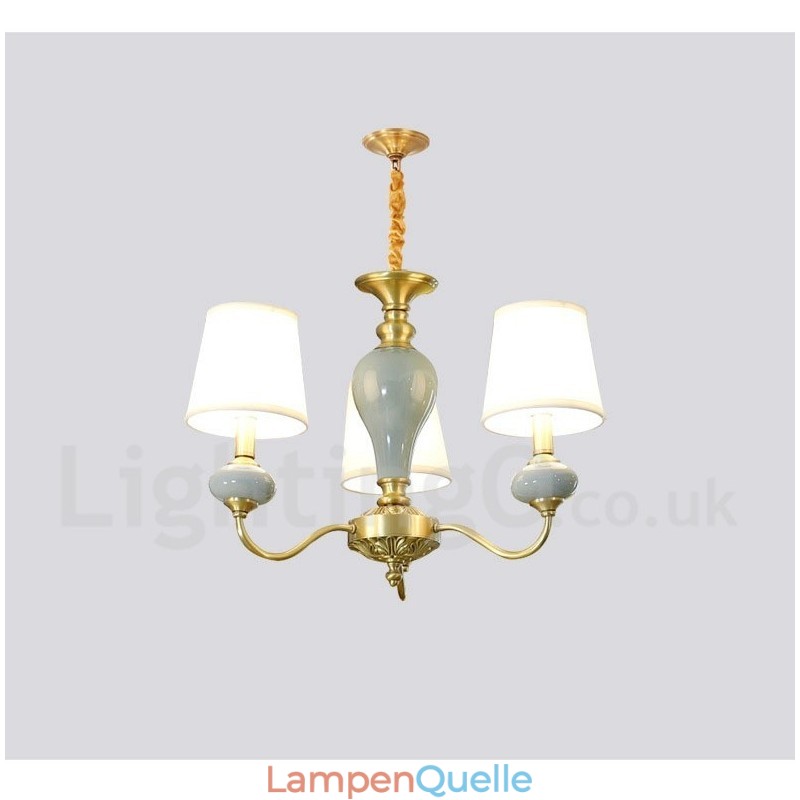 Luxuriöser rustikaler Retro-Vintage-Keramik-Pendelleuchter aus reinem Messing mit Stoffschirmen