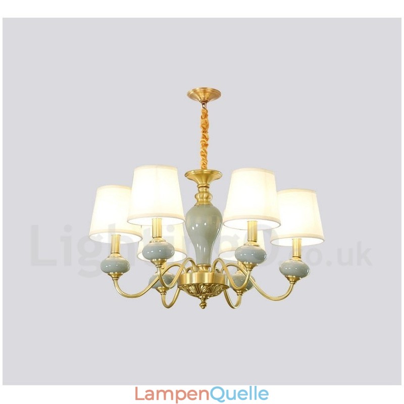 Luxuriöser rustikaler Retro-Vintage-Keramik-Pendelleuchter aus reinem Messing mit Stoffschirmen