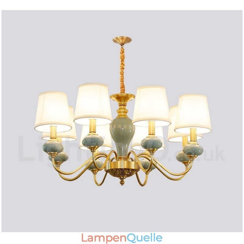 Luxuriöser rustikaler Retro-Vintage-Keramik-Pendelleuchter aus reinem Messing mit Stoffschirmen