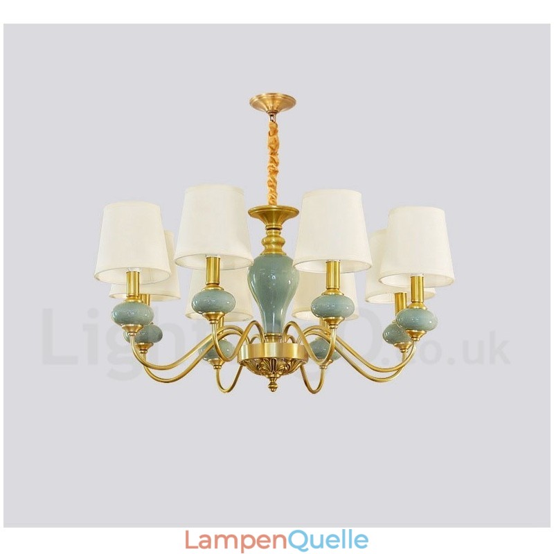Luxuriöser rustikaler Retro-Vintage-Keramik-Pendelleuchter aus reinem Messing mit Stoffschirmen