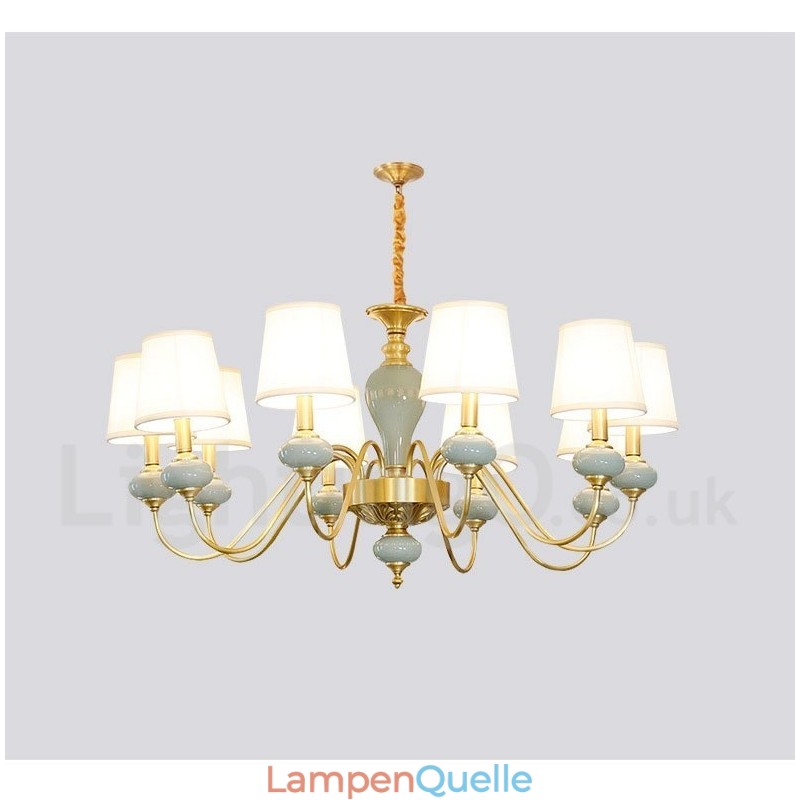 Luxuriöser rustikaler Retro-Vintage-Keramik-Pendelleuchter aus reinem Messing mit Stoffschirmen