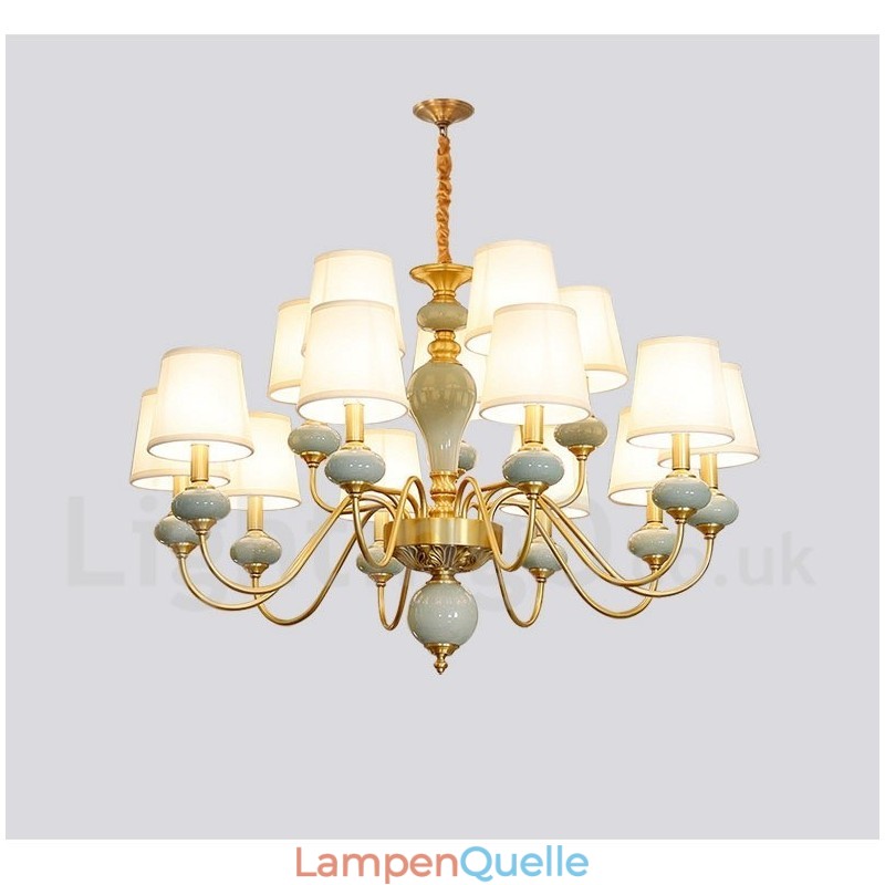 Luxuriöser rustikaler Retro-Vintage-Keramik-Pendelleuchter aus reinem Messing mit Stoffschirmen