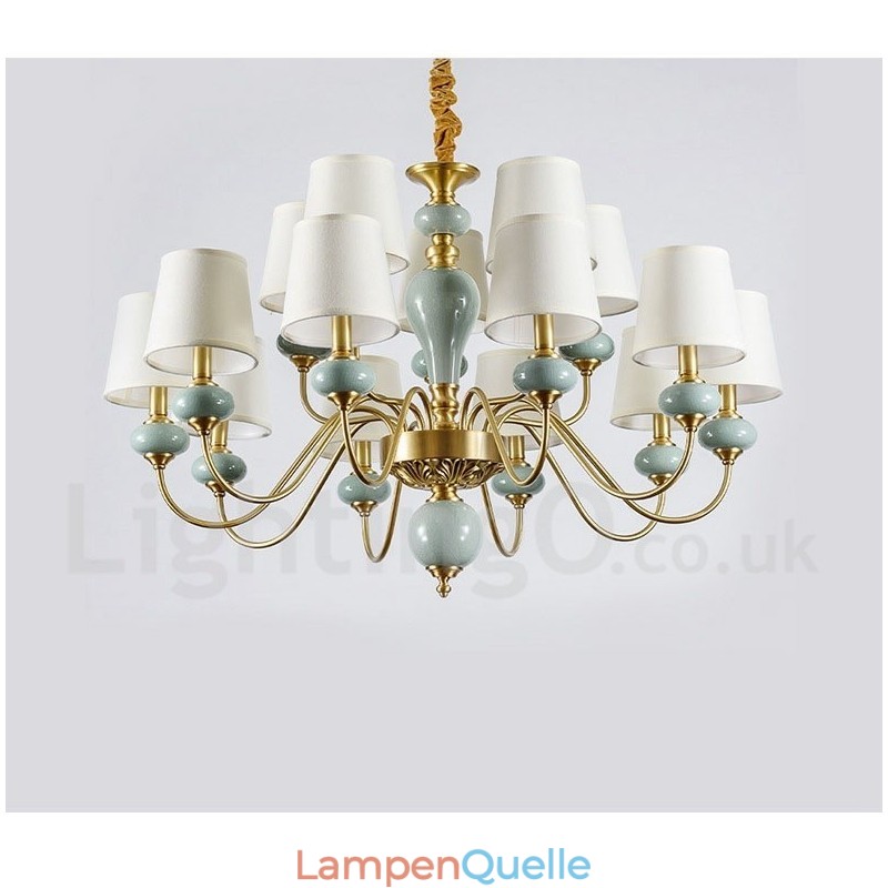 Luxuriöser rustikaler Retro-Vintage-Keramik-Pendelleuchter aus reinem Messing mit Stoffschirmen