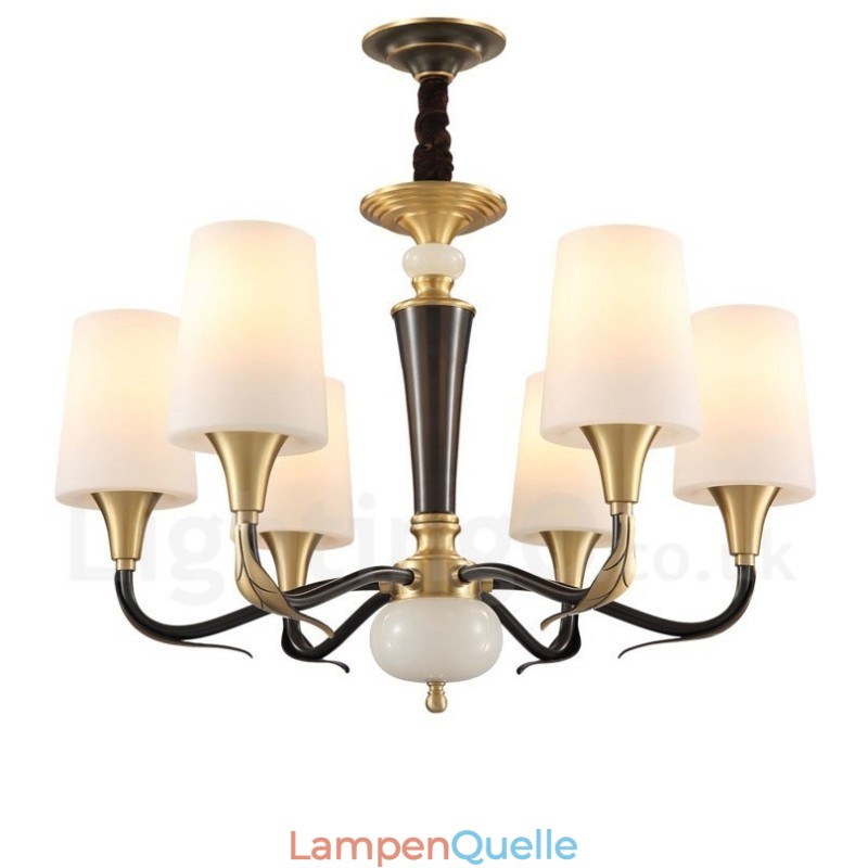 Luxuriöser rustikaler Retro-Kerzenleuchter aus reinem Messing im Vintage-Stil mit Steinanhänger und Glasschirmen