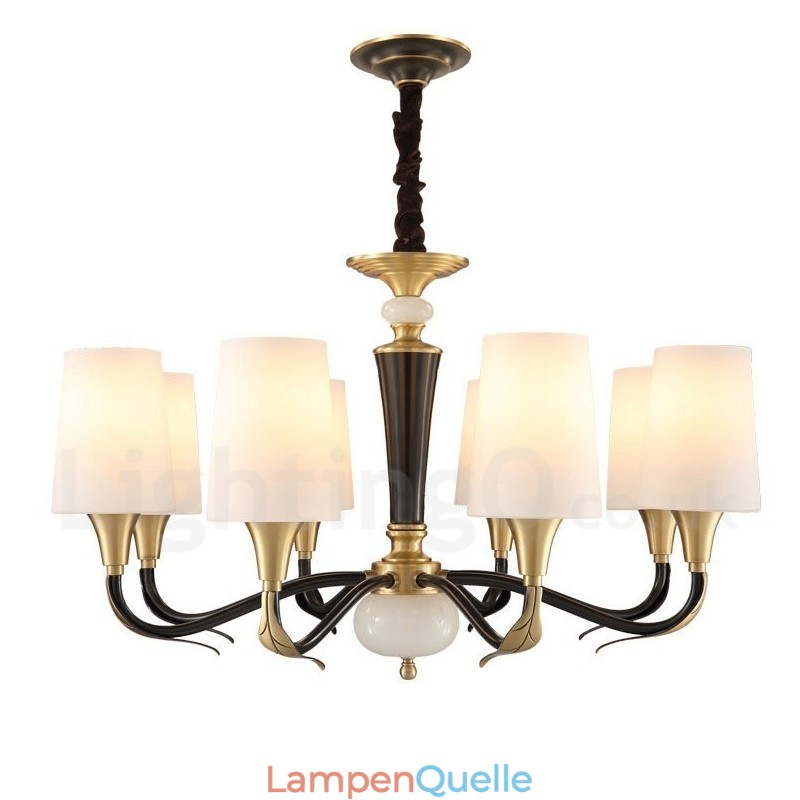 Luxuriöser rustikaler Retro-Kerzenleuchter aus reinem Messing im Vintage-Stil mit Steinanhänger und Glasschirmen