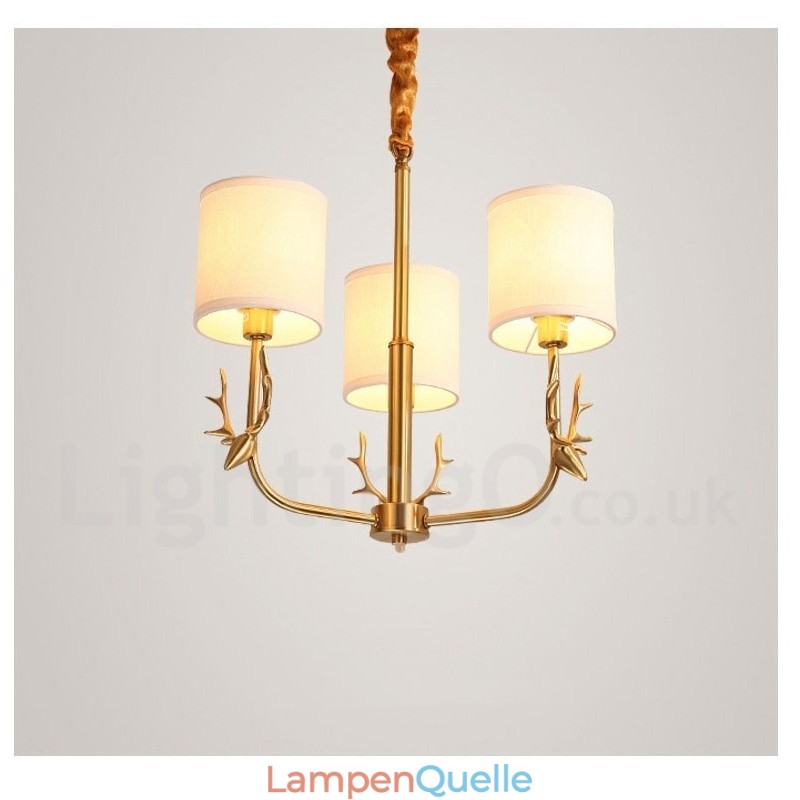 Luxuriöser rustikaler Retro-Vintage-Kerzenleuchter aus reinem Messing mit Stoffschirmen