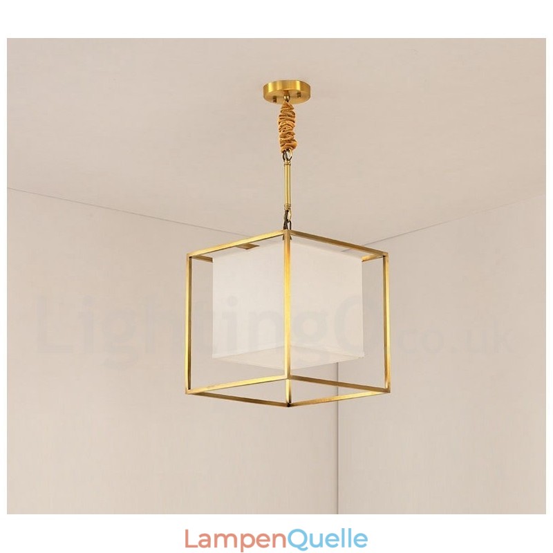Hängeleuchte aus reinem Messing, schlicht, rustikal, Retro, Vintage, Messing, mit Stoffschirm