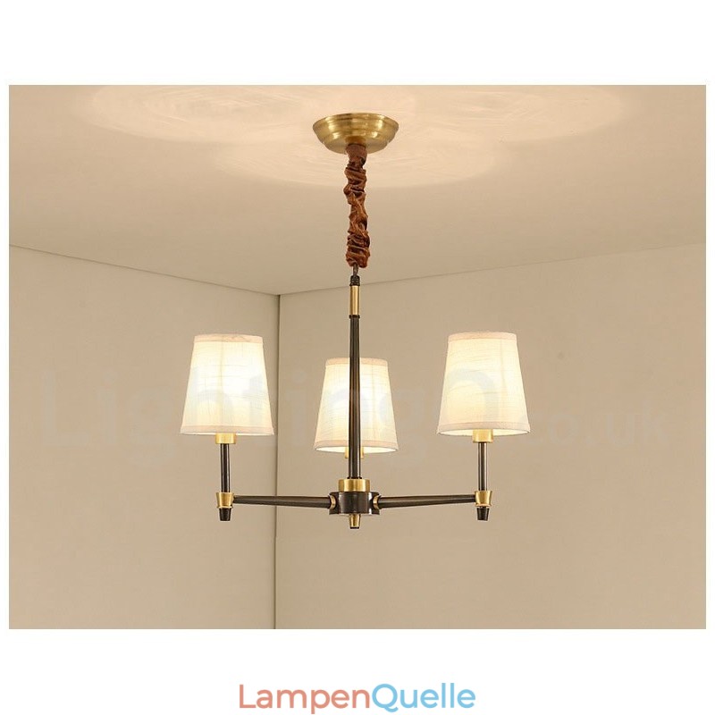 Großer luxuriöser rustikaler Retro-Vintage-Kronleuchter aus reinem Messing mit Stoffschirmen
