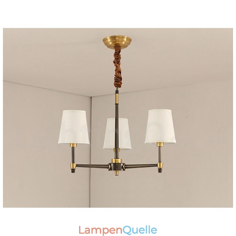 Großer luxuriöser rustikaler Retro-Vintage-Kronleuchter aus reinem Messing mit Stoffschirmen