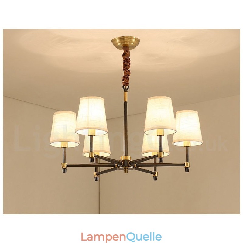 Großer luxuriöser rustikaler Retro-Vintage-Kronleuchter aus reinem Messing mit Stoffschirmen