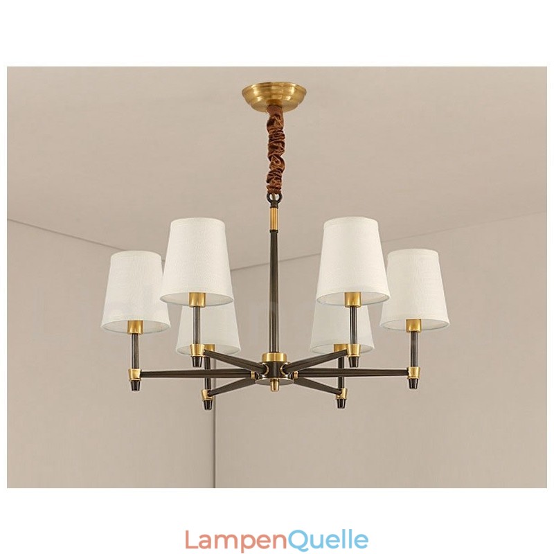 Großer luxuriöser rustikaler Retro-Vintage-Kronleuchter aus reinem Messing mit Stoffschirmen
