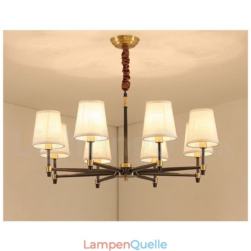 Großer luxuriöser rustikaler Retro-Vintage-Kronleuchter aus reinem Messing mit Stoffschirmen