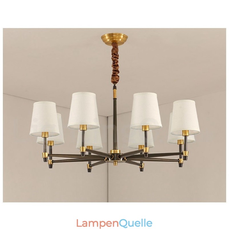 Großer luxuriöser rustikaler Retro-Vintage-Kronleuchter aus reinem Messing mit Stoffschirmen