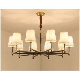 Großer luxuriöser rustikaler Retro-Vintage-Kronleuchter aus reinem Messing mit Stoffschirmen
