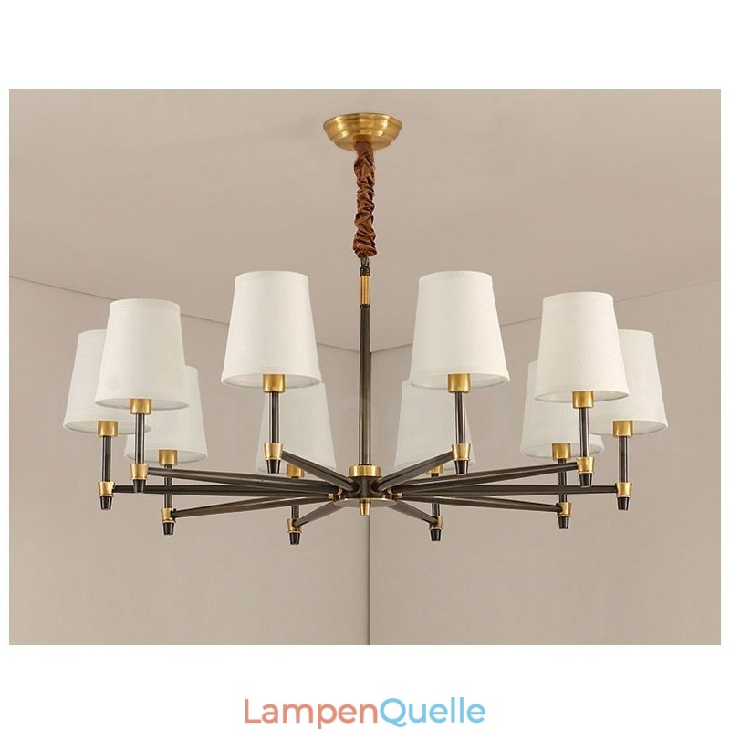 Großer luxuriöser rustikaler Retro-Vintage-Kronleuchter aus reinem Messing mit Stoffschirmen
