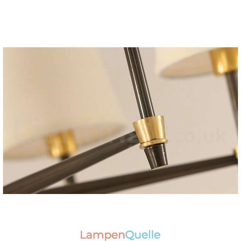 Großer luxuriöser rustikaler Retro-Vintage-Kronleuchter aus reinem Messing mit Stoffschirmen