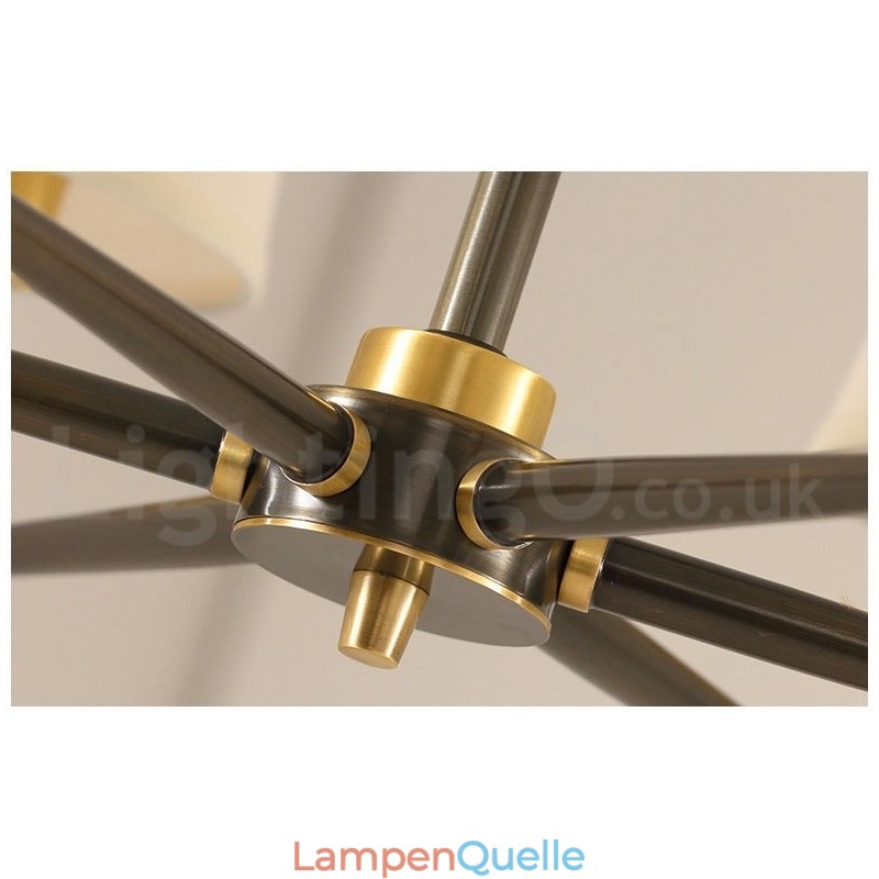 Großer luxuriöser rustikaler Retro-Vintage-Kronleuchter aus reinem Messing mit Stoffschirmen