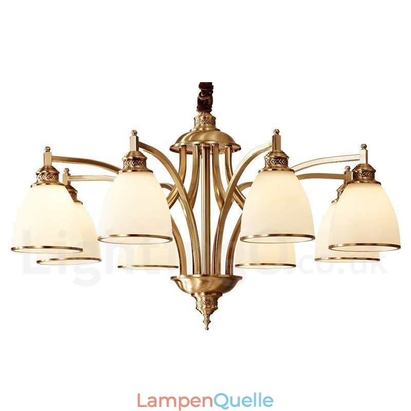 Großer luxuriöser rustikaler Retro-Vintage-Kronleuchter aus reinem Messing mit Glasschirmen