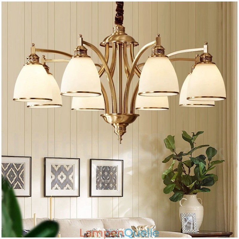 Großer luxuriöser rustikaler Retro-Vintage-Kronleuchter aus reinem Messing mit Glasschirmen