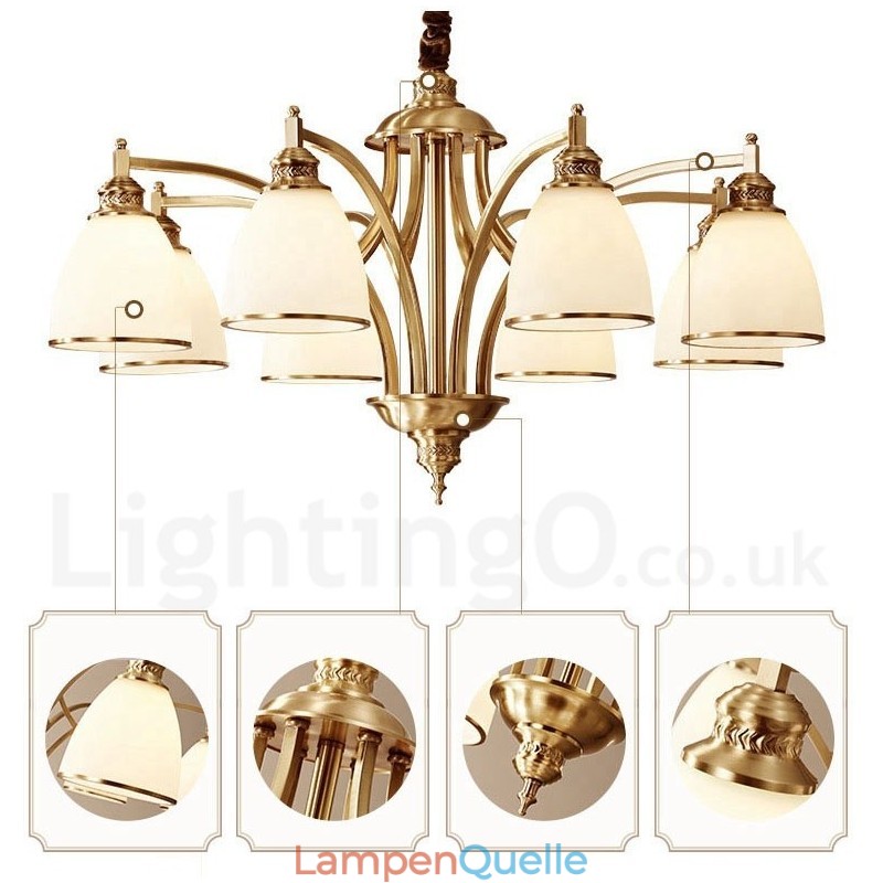 Großer luxuriöser rustikaler Retro-Vintage-Kronleuchter aus reinem Messing mit Glasschirmen