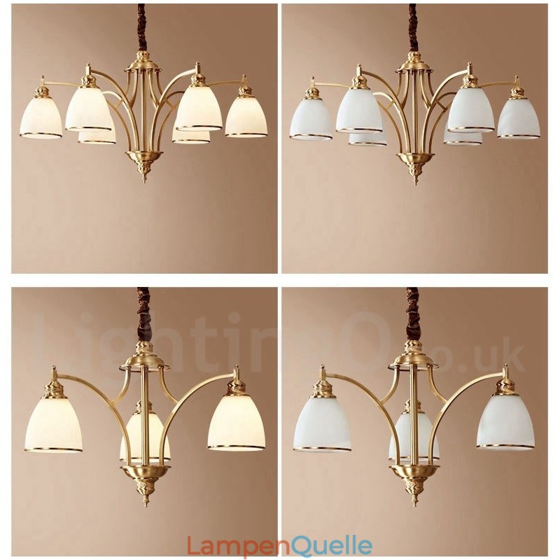 Großer luxuriöser rustikaler Retro-Vintage-Kronleuchter aus reinem Messing mit Glasschirmen