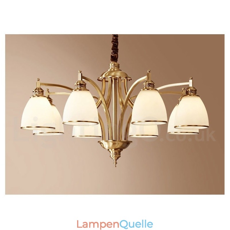 Großer luxuriöser rustikaler Retro-Vintage-Kronleuchter aus reinem Messing mit Glasschirmen