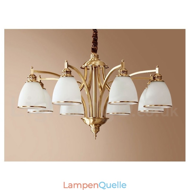 Großer luxuriöser rustikaler Retro-Vintage-Kronleuchter aus reinem Messing mit Glasschirmen