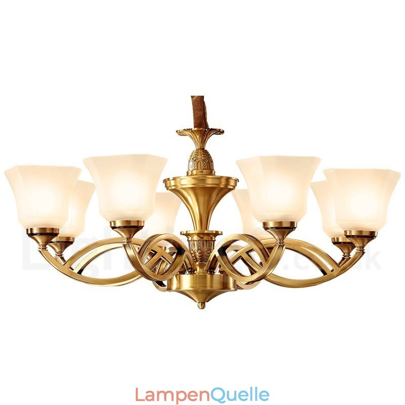 Großer luxuriöser rustikaler Retro-Vintage-Kronleuchter aus reinem Messing mit Glasschirmen