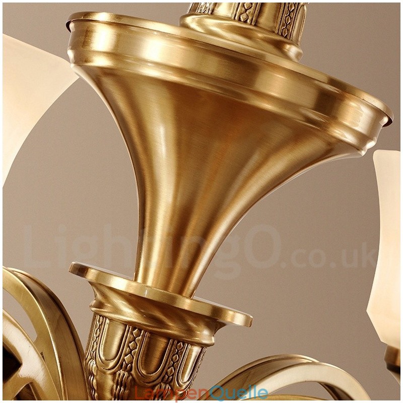 Großer luxuriöser rustikaler Retro-Vintage-Kronleuchter aus reinem Messing mit Glasschirmen