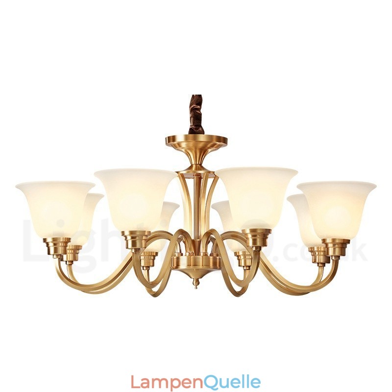 Großer luxuriöser rustikaler Retro-Vintage-Kronleuchter aus reinem Messing mit Glasschirmen