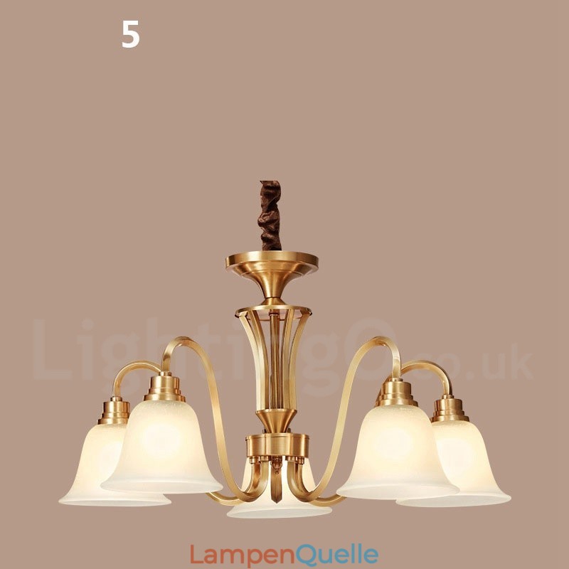 Großer luxuriöser rustikaler Retro-Vintage-Kronleuchter aus reinem Messing mit Glasschirmen