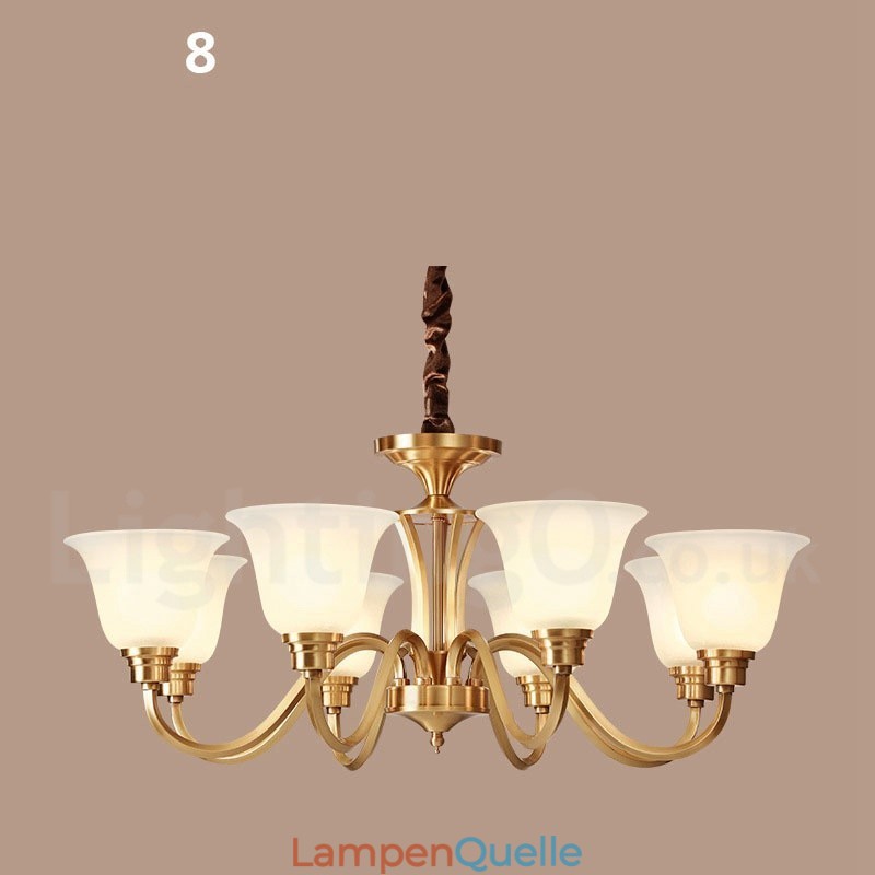 Großer luxuriöser rustikaler Retro-Vintage-Kronleuchter aus reinem Messing mit Glasschirmen