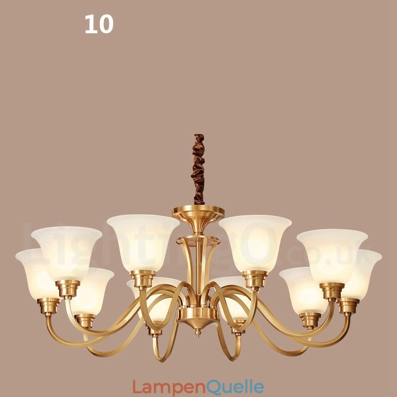Großer luxuriöser rustikaler Retro-Vintage-Kronleuchter aus reinem Messing mit Glasschirmen