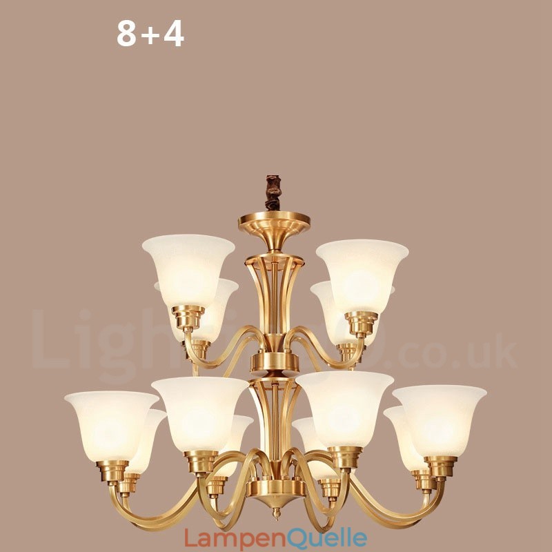 Großer luxuriöser rustikaler Retro-Vintage-Kronleuchter aus reinem Messing mit Glasschirmen