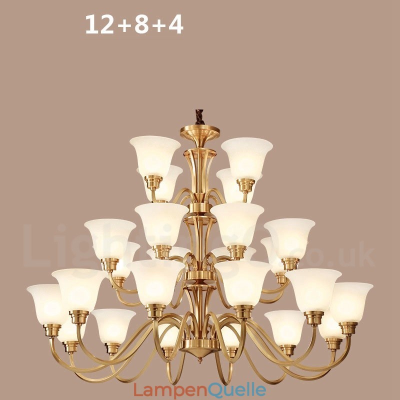 Großer luxuriöser rustikaler Retro-Vintage-Kronleuchter aus reinem Messing mit Glasschirmen