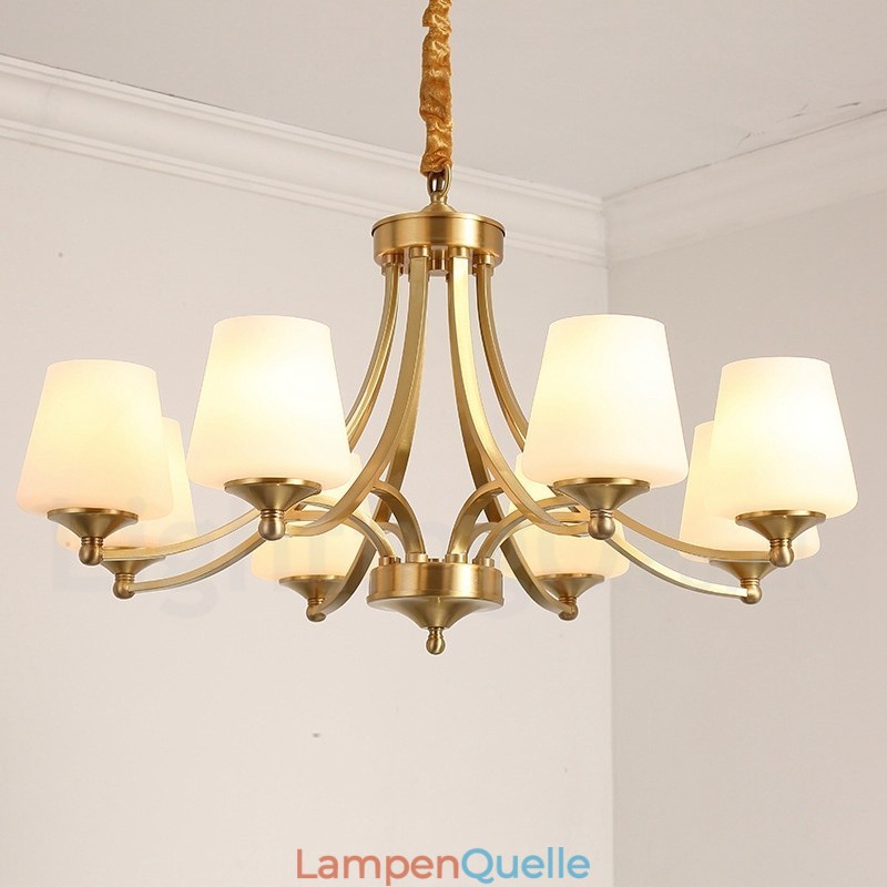 Großer luxuriöser rustikaler Retro-Vintage-Kronleuchter aus reinem Messing mit Glasschirmen