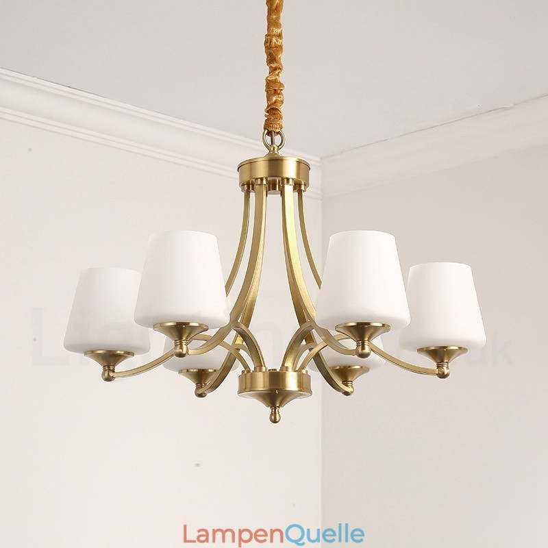 Großer luxuriöser rustikaler Retro-Vintage-Kronleuchter aus reinem Messing mit Glasschirmen