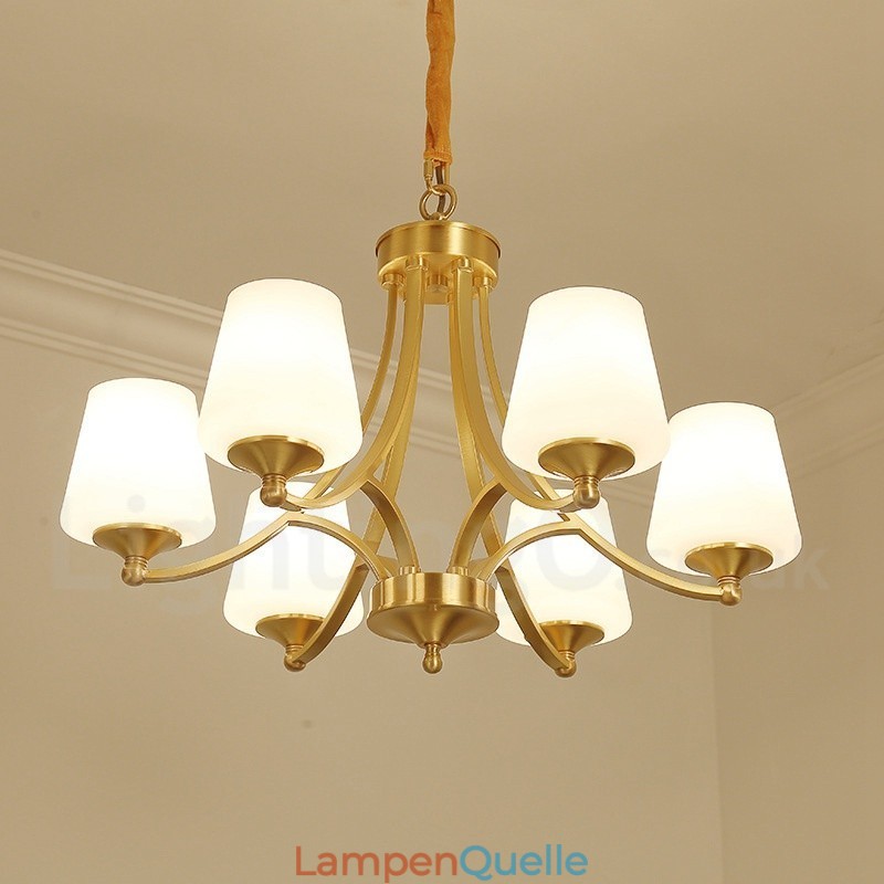 Großer luxuriöser rustikaler Retro-Vintage-Kronleuchter aus reinem Messing mit Glasschirmen