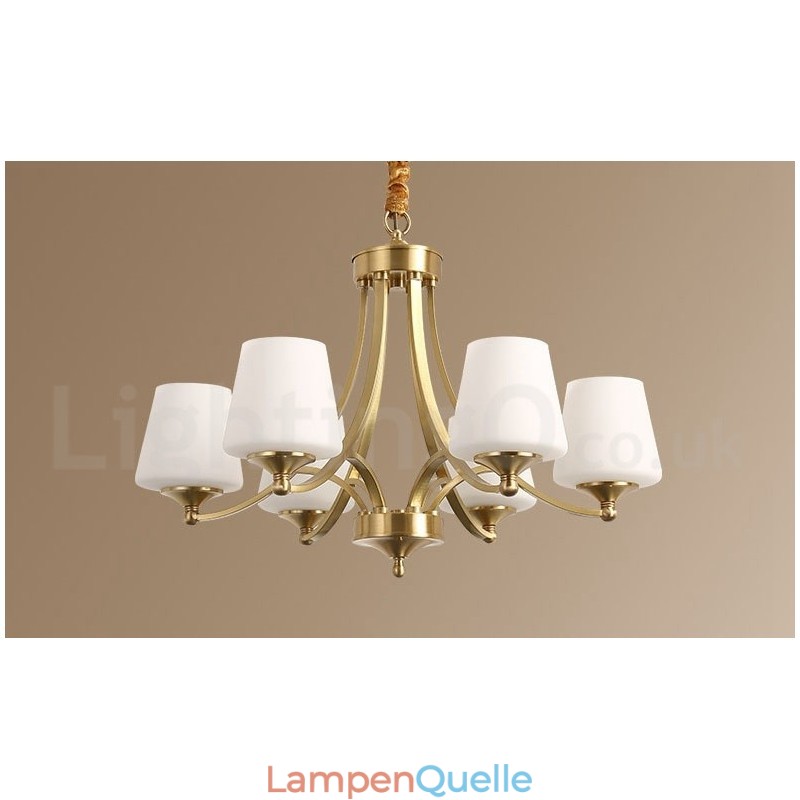Großer luxuriöser rustikaler Retro-Vintage-Kronleuchter aus reinem Messing mit Glasschirmen