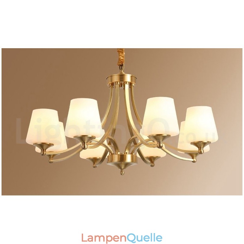 Großer luxuriöser rustikaler Retro-Vintage-Kronleuchter aus reinem Messing mit Glasschirmen