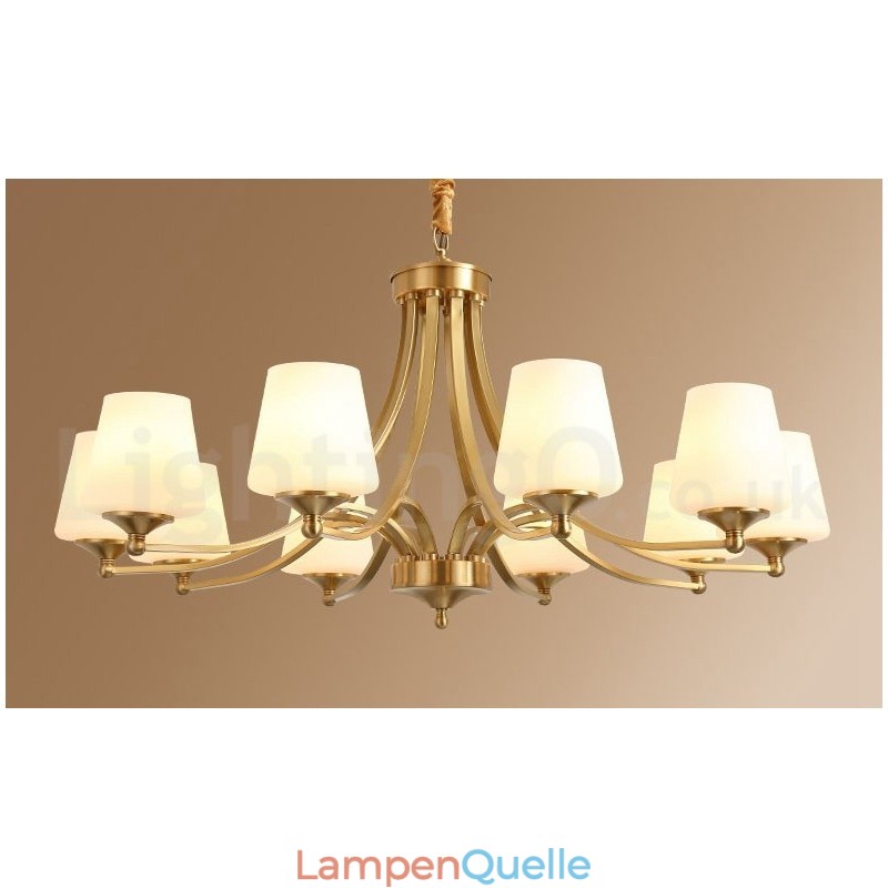 Großer luxuriöser rustikaler Retro-Vintage-Kronleuchter aus reinem Messing mit Glasschirmen